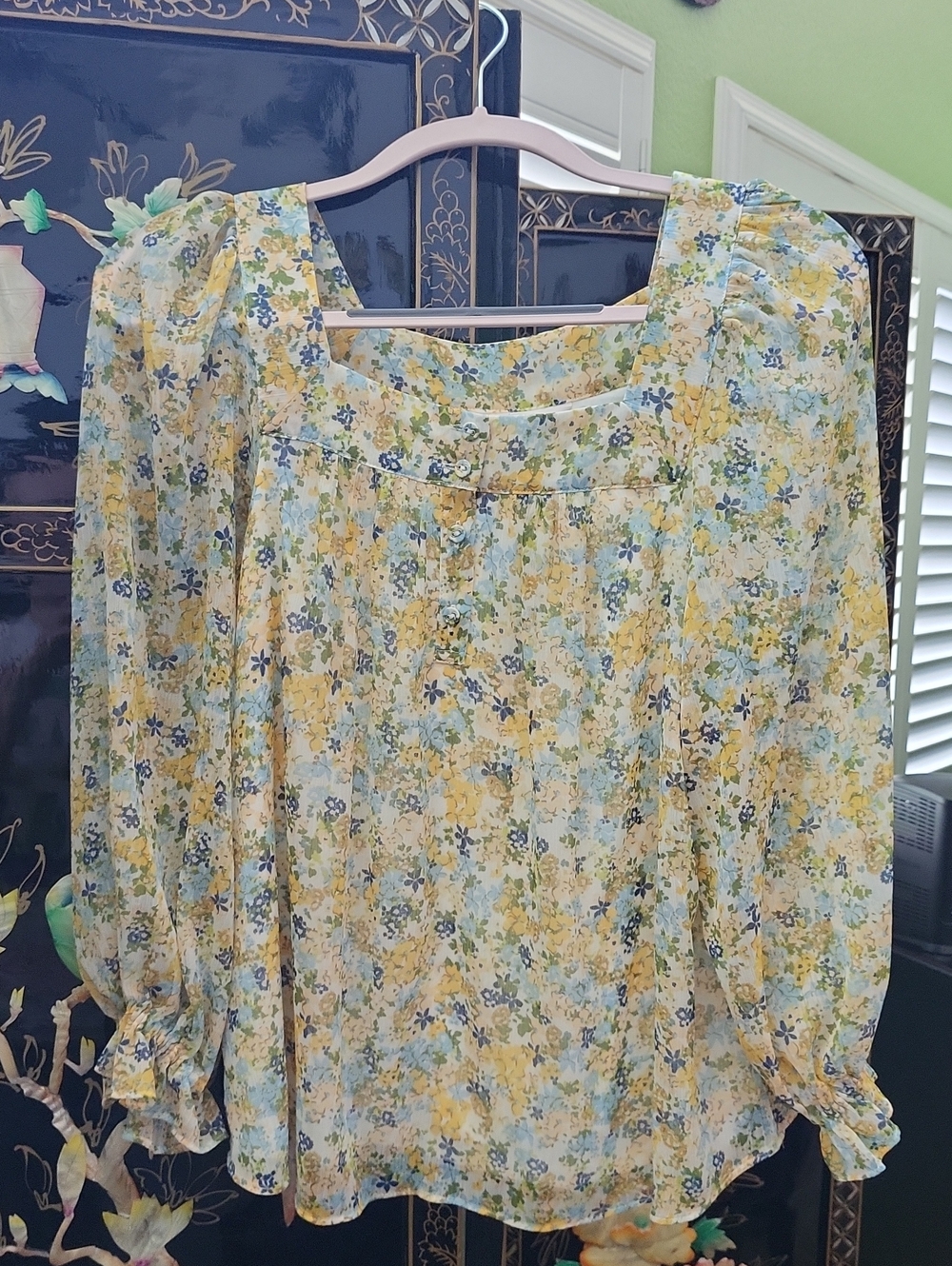 LC Lauren Conrad Yellow & Blue Floral Square-Neck Blouse